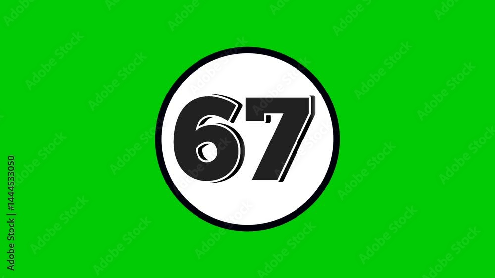 Poster number 67 symbol sign animation motion graphics cartoon black color on green screen background.numbe