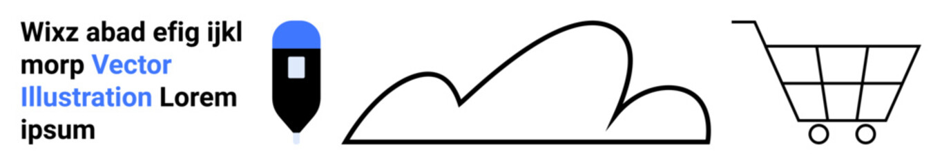 Pen tool icon alongside cloud silhouette and shopping cart outline. Ideal for creativity, design, technology, e-commerce, cloud computing, education, and simple landing page