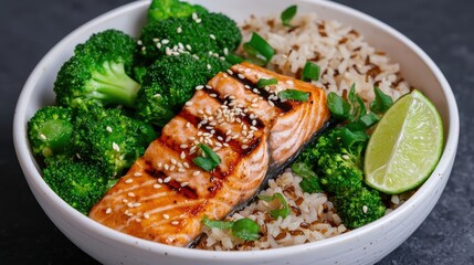 Grilled salmon bowl with brown rice and broccoli