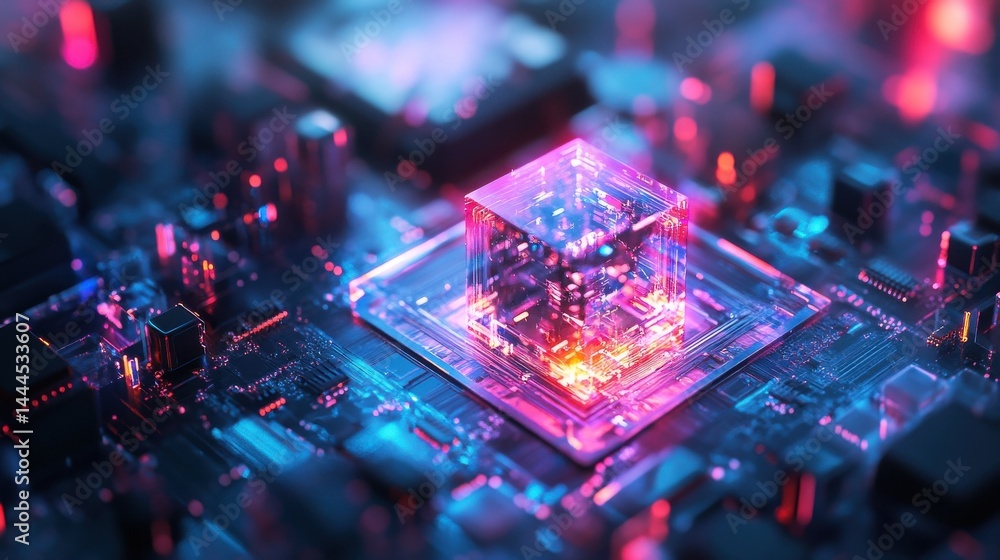 Poster exploring quantum computing a sleek minimalist ai lab holography in a futuristic environment
