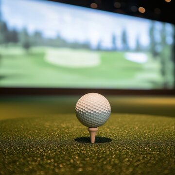 A golf ball, a small spherical object, rests on a tee inside the simulator, ready for a virtual swing during indoor practice and training sessions.
