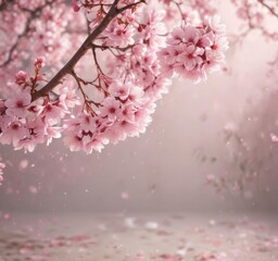 Fototapeta premium Delicate pink sakura petals softly falling against a blurred, dreamy background , tranquil, light