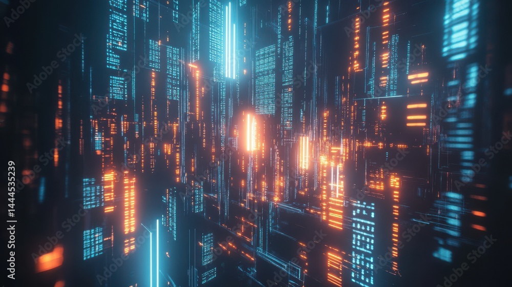Poster futuristic digital financial data visualization with glowing graphs, numbers, and abstract technolog
