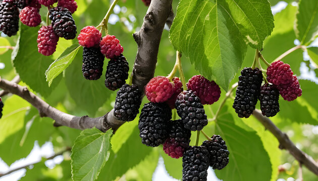 Mulberry tree with ripe and unripe fruits close up shot for healthy food and organic farming concept use image