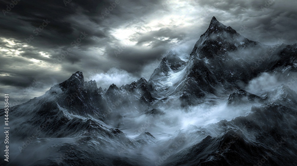 Poster enigmatic mountain range drenched in low-key lighting under a cloudy sky creating a dramatic atmosph