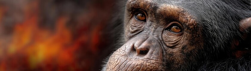 Double exposure bonobo with burning jungle in wild nature concept. Close-up of a thoughtful chimpanzee gazing into the distance.