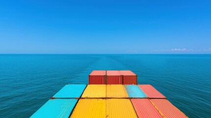 A cargo ship sailing across the vast blue open ocean on a bright day