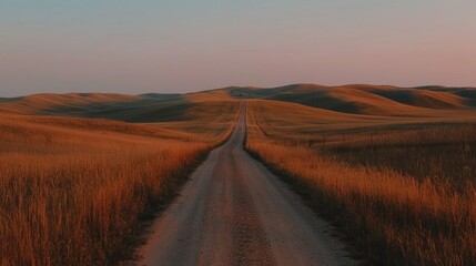 A rural dirt road leads through a field at sunset