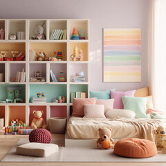 colorful kids room with toys, books, and a bed with cozy pillows, pastel tones, clean and organized