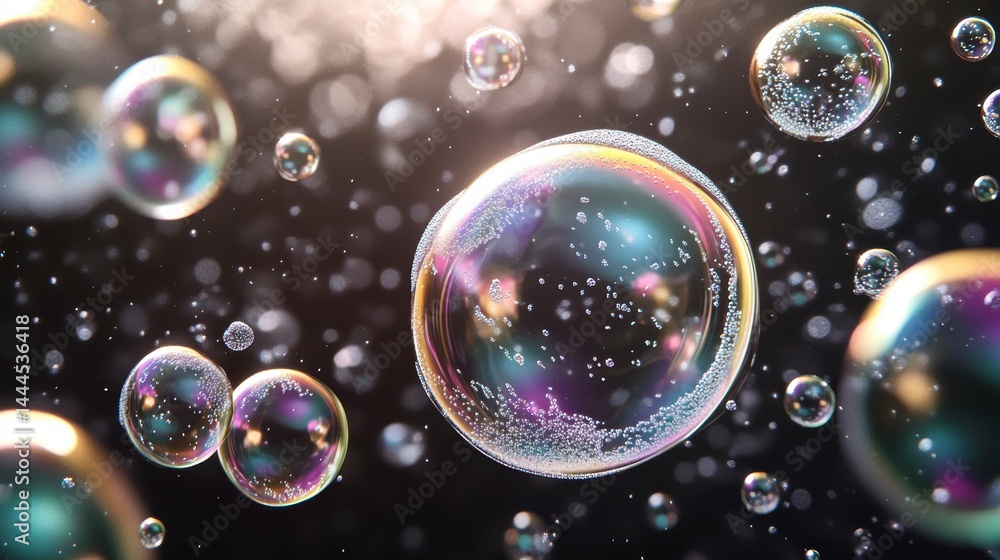 Poster Colorful iridescent soap bubbles floating in dark background, illuminated by soft light.