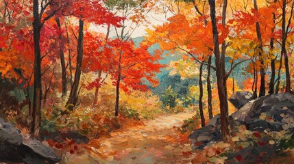 Autumnal forest path, painted in vibrant hues.