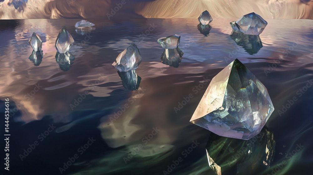 Poster enchanting group of diamonds floating gracefully in the water of a lake surrounded by moody shadows 