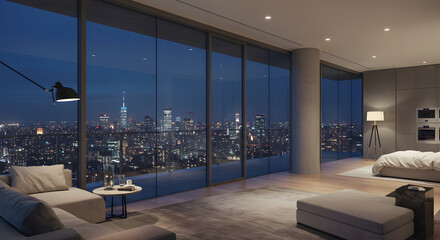 Serene Bedroom Sanctuary With Panoramic Cityscape At Night
