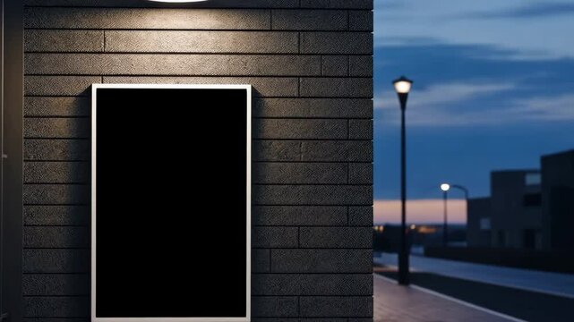 Outdoor poster mockup on a brick wall, featuring a surreal image of bubbles floating over rocky terrain at dusk, animated overlay, transparent 4K video, alpha channel, ProRes 4444