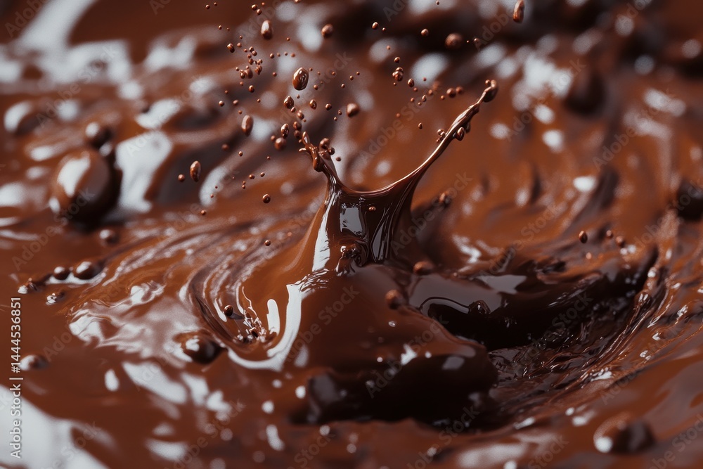 Poster closeup of melted chocolate splashing dynamically against a vibrant dark backdrop, closeup of melted