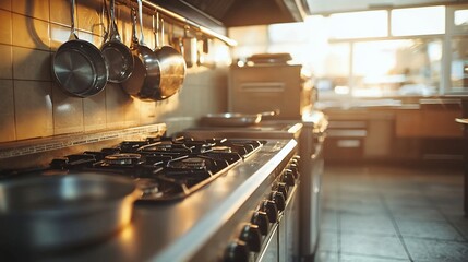 Commercial kitchen, gas stove, stainless steel appliances, warm sunlight