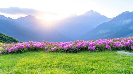 Obraz premium Alpine Rhododendrons Lush Meadow Vibrant Sunrise Landscape High-resolution Panoramic View Floral Texture Peaceful Serenity Mountain backdrop Soft Pink Hues Ideal for travel brochures