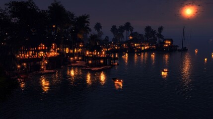 Fototapeta premium A tranquil waterside scene at twilight with inviting glowing lights