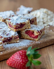 Homemade strawberry oatmeal bars with a hearty oat base and sweet strawberry filling

