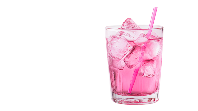 Pink beverage with straw and ice, cut out transparent