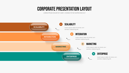 Creative Innovation 4 Step Diagram Presentation Design. Consulting Report Four Option Infographic Slide Template. Marketing Analysis Frame Layout Vector Illustration.