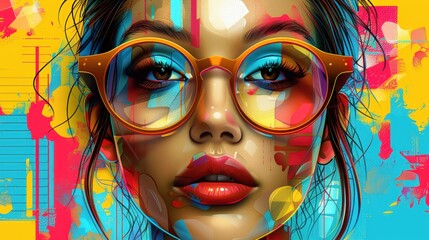 Fototapeta premium Portrait of a woman with glasses and vibrant abstract expressive art style