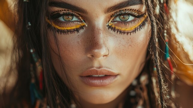 Coachella-inspired boho makeup with tribal details