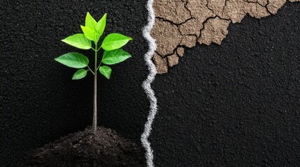 Naklejka premium A young green plant thriving on a dark soil surface