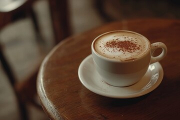 Closeup of warm cappuccino on a wooden table in a cozy cafe setting, Closeup of warm cappuccino coffee on a table seamless ing