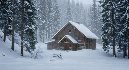 Rustic Log Cabin Nestled In Winter Wonderland Scenic Snowy Forest
