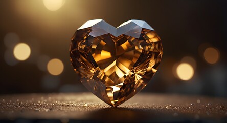 Fototapeta premium A heart-shaped diamond on a table, enveloped in warm golden light, highlighting its flawless surface and enchanting beauty.
