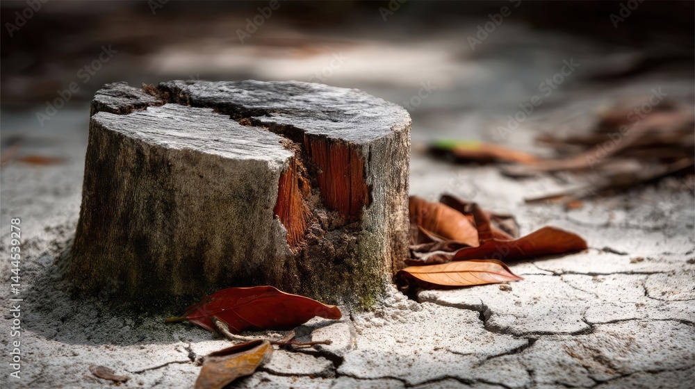 Poster tree stump reflecting deforestation and climate change crisis concept. close-up of a tree stump surr