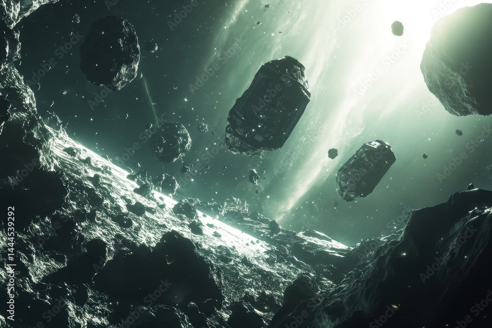Poster exploring the vastness of asteroid mining colonies thriving in outer space, asteroid mining colony i
