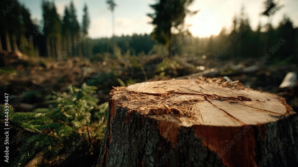 Poster Tree stump exposing illegal forest damage and biodiversity loss concept. A close-up view of a freshly cut tree stump in the forest.