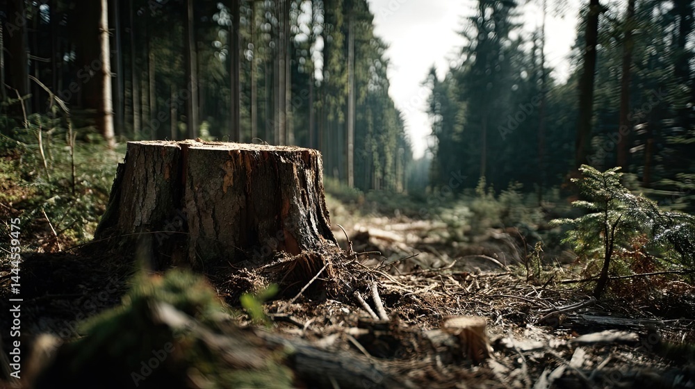 Poster tree stump exposing illegal forest damage and biodiversity loss concept. a tranquil forest scene sho