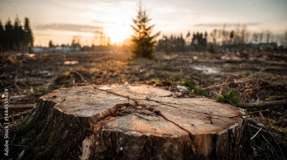Poster tree stump representing environmental damage and forest decline concept. sunset view of a tree stump