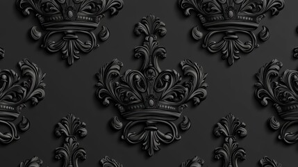 Fototapeta premium Seamless dark gray pattern of embossed royal crowns and floral ornaments.