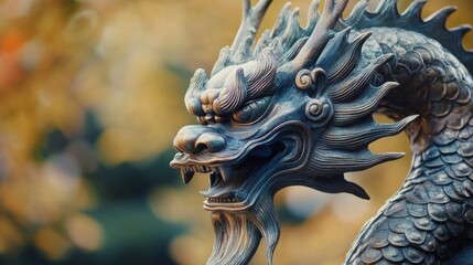 Fototapeta premium Close-up of an intricately carved bronze dragon statue, set against a blurred autumnal background.