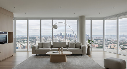 Fototapeta premium Modern Living Room With Cityscape View And Contemporary Interior Design