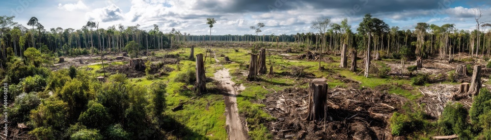 Poster tree stump reflecting deforestation and climate change crisis concept. aerial view of deforested lan