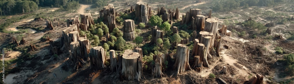 Poster tree stump reflecting deforestation and climate change crisis concept. aerial view of deforestation 