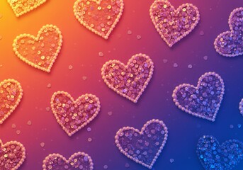 Fototapeta premium Hearts made from sequins and beads on a colorful gradient background. A concept of love, romance, and celebration for Valentine's day and other occasions.
