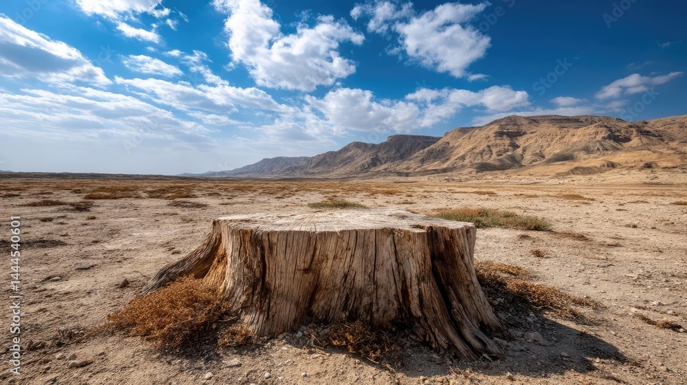 Poster tree stump representing environmental damage and forest decline concept. a solitary tree stump in a 