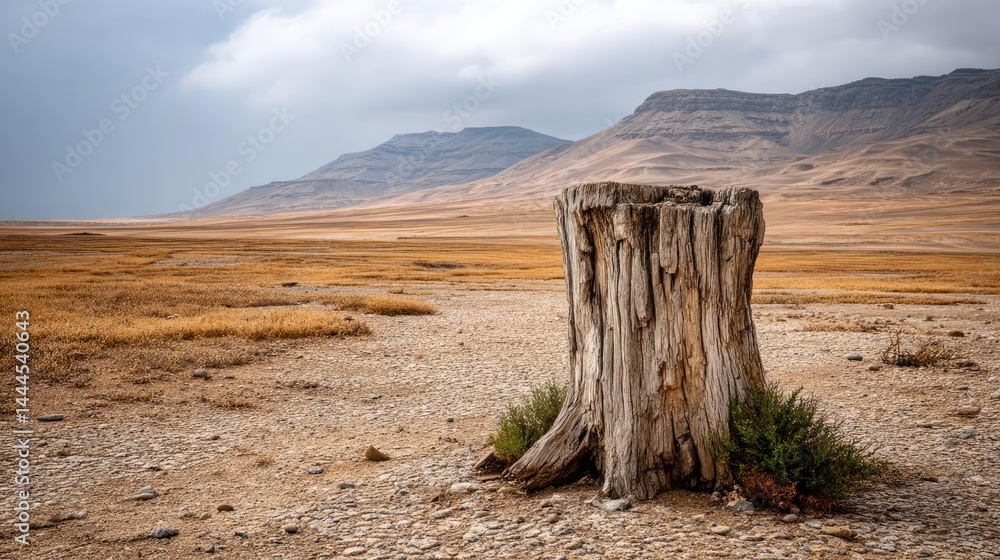 Aufkleber tree stump representing environmental damage and forest decline concept. a lonely tree stump stands 