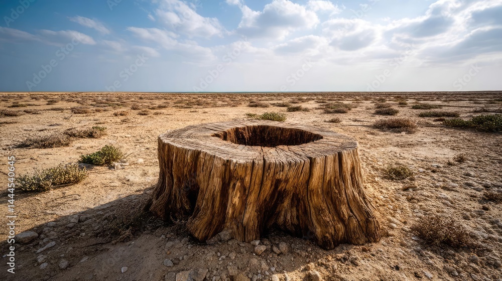 Poster tree stump representing environmental damage and forest decline concept. a solitary tree stump in a 