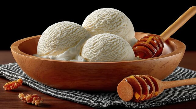 Three scoops of vanilla ice cream in a wooden bowl, drizzled with honey.