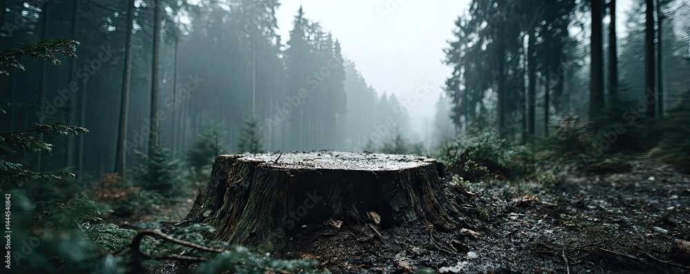 Poster Tree stump reflecting deforestation and climate change crisis concept. A misty forest scene featuring a tree stump in a tranquil setting.