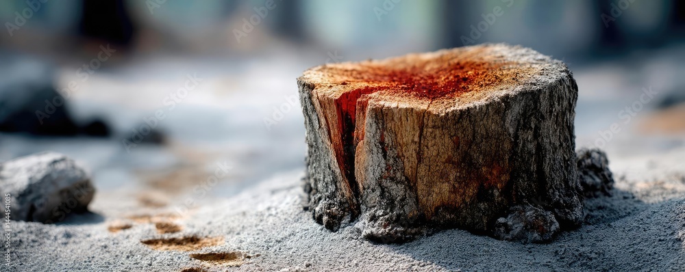 Poster tree stump exposing illegal forest damage and biodiversity loss concept. a close-up of a tree stump 