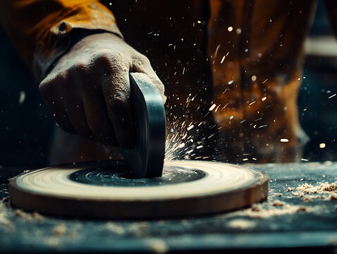 Craftsman Sharpening a Tool on a Grinding Wheel