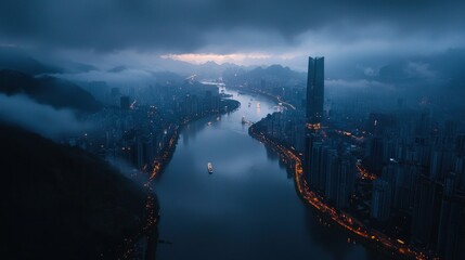 Naklejka premium Cityscape view featuring river winding through metropolitan urban landscape